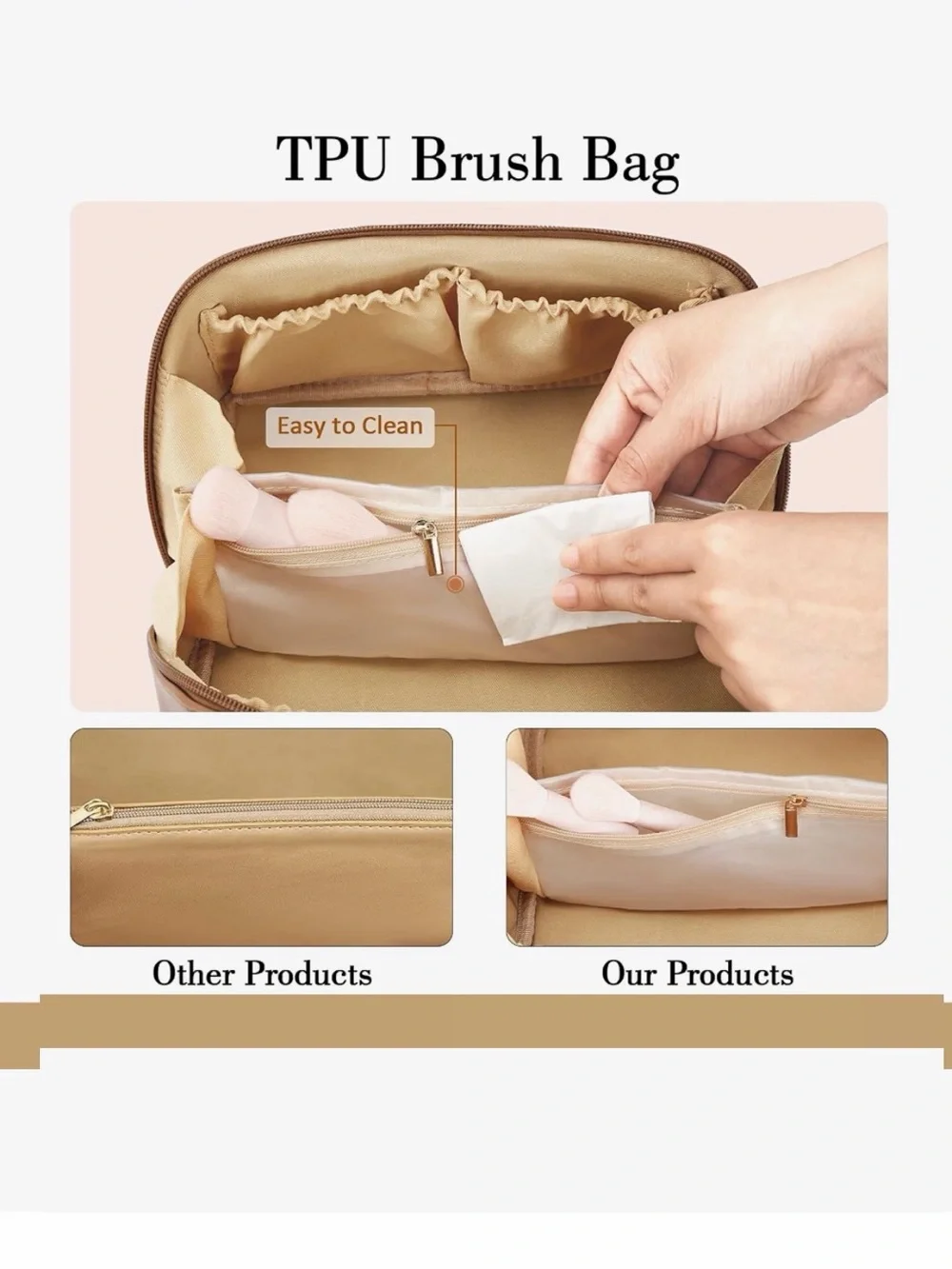 Cloudwings Tan Leatherette Cosmetic Pouch bags with Metallic 'L' Accent